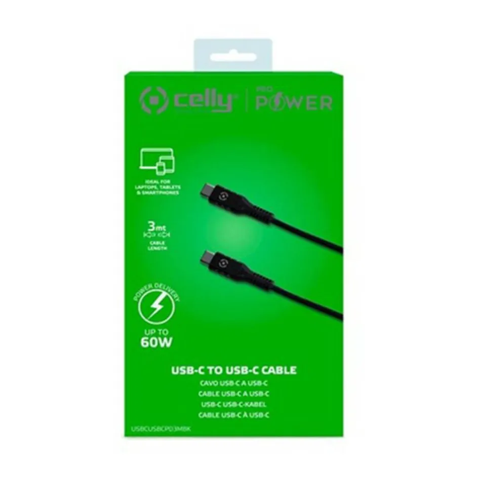 Hot Celly USB C - USB C Power Delivery oplaadkabel 3 meter zwart