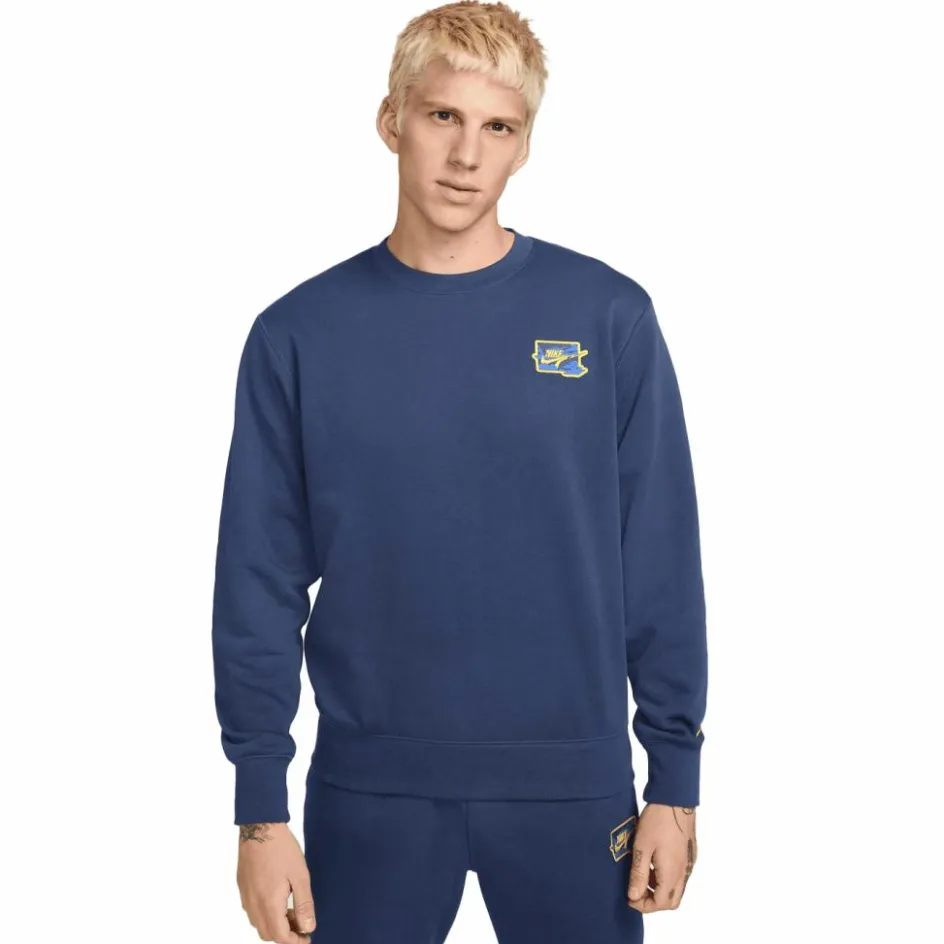 Sale Nike Club FT Crew Bolt sweater heren midnight navy lightening